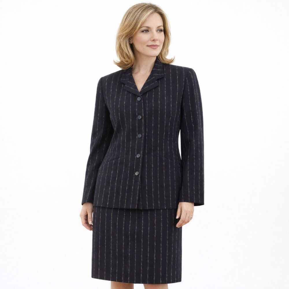 VTG Jaeger London Pinstripe Wool Skirt Suit Set Womens Sz M Menswear Power Suit